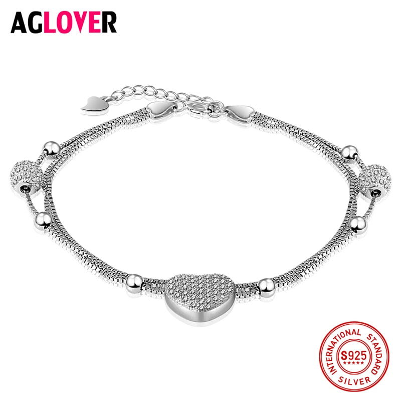 100% Sterling Silver Women Charm Bracelet Fashion Heart Bracelet Luxury 925 Silver Brand Female Jewelry