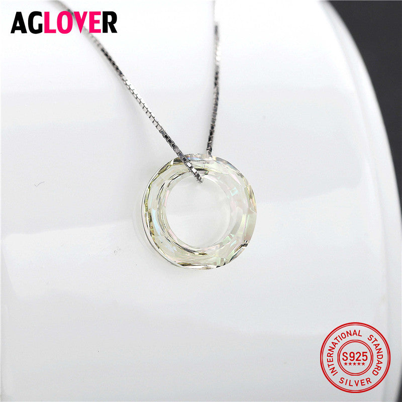 Cute Necklaces & Pendants Round Necklace Women Suspension Silver 925 Jewelry Colorful Blue Zircon with Box