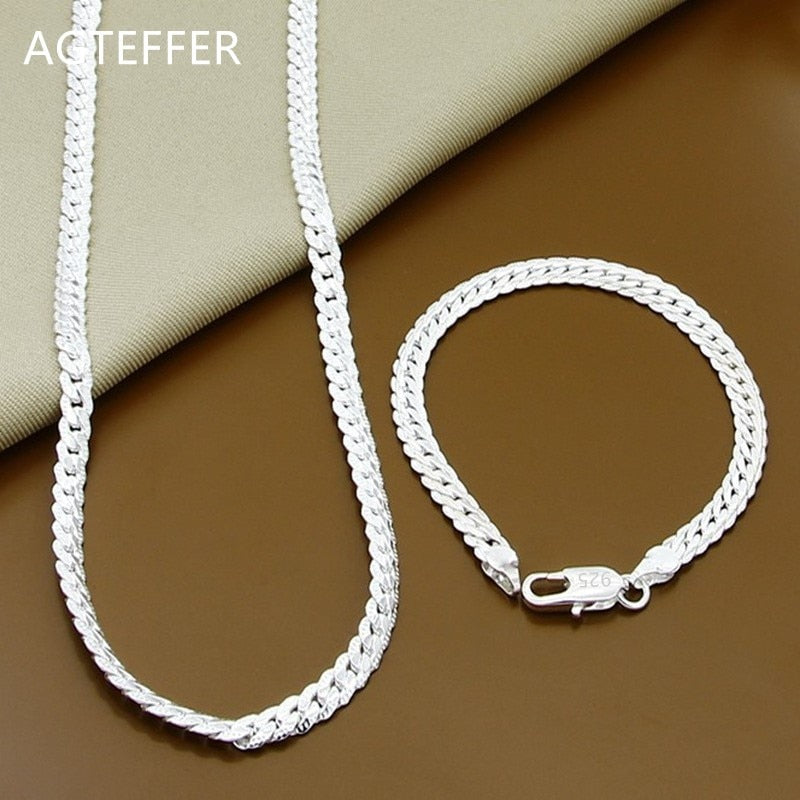 AGTEFFER 925 Sterling Silver Set, 2 Pieces Of 6mm, Bracelet Necklace, Men's And Women's  Jewelry, Chain, Wedding Gifts