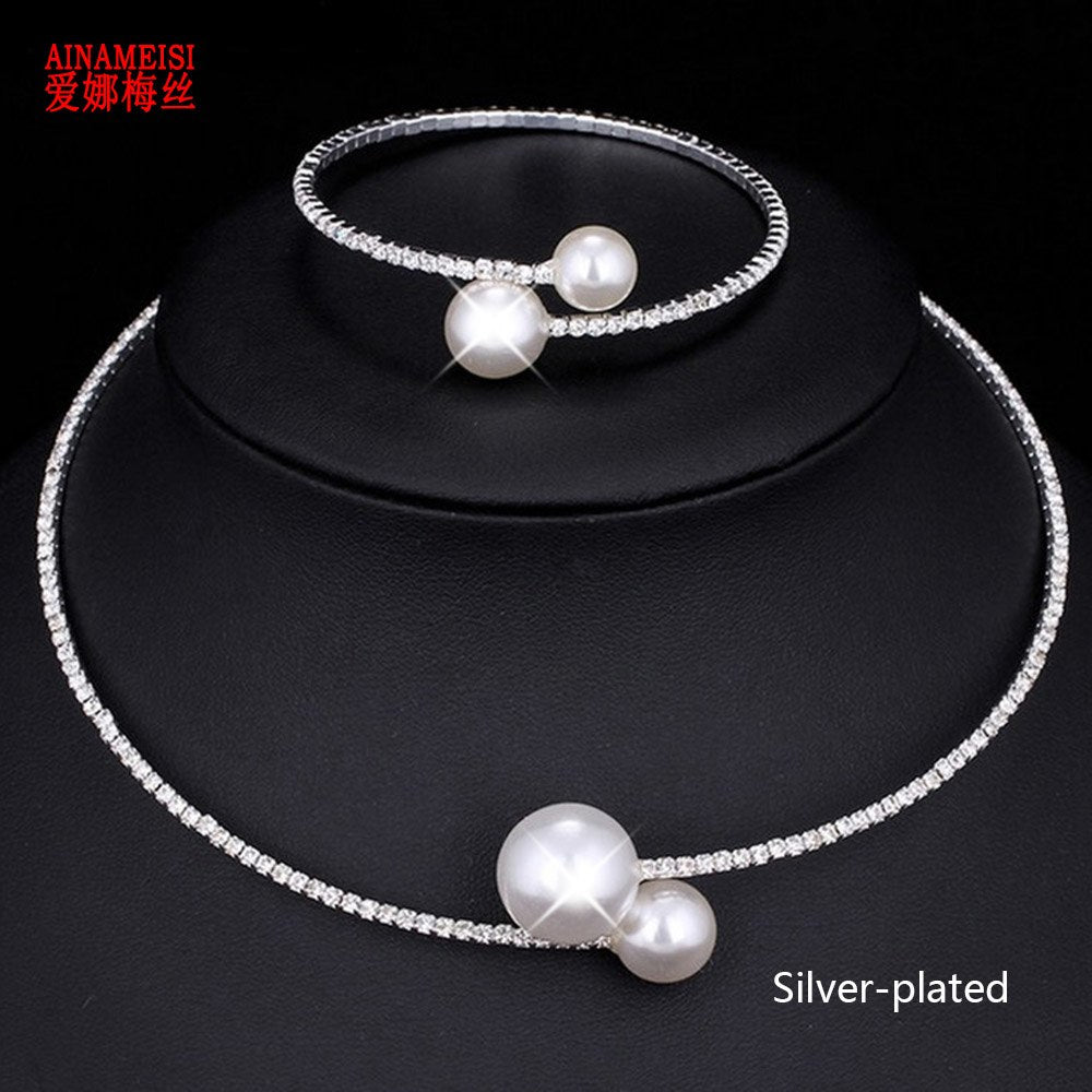 Fashion Simple Simulated Pearl Bridal Jewelry Sets Adjustable Necklace Bracelet For Women Crystal Wedding Jewelry Gift