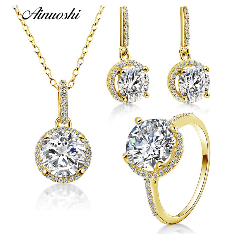 10K Solid Yellow Gold Jewelry Set Highly SONA Diamond Round Pendant Ring Drop Earring Luxury Women Wedding Jewelry Sets