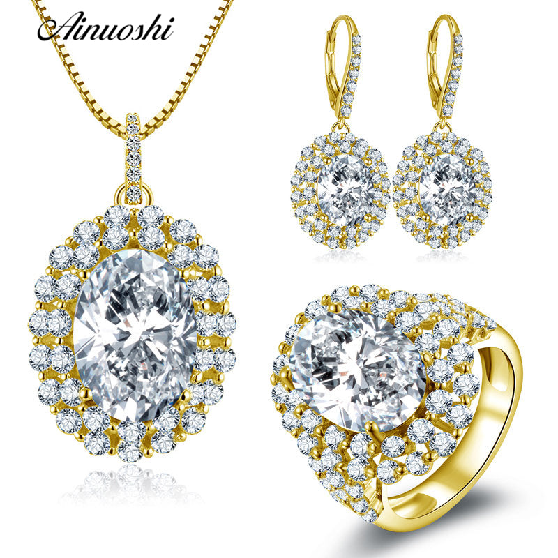 10K Solid Yellow Gold Jewelry Set Oval Cut Big Stone Pendant Halo Ring Drop Earring Luxurious Wedding Women Jewelry Set