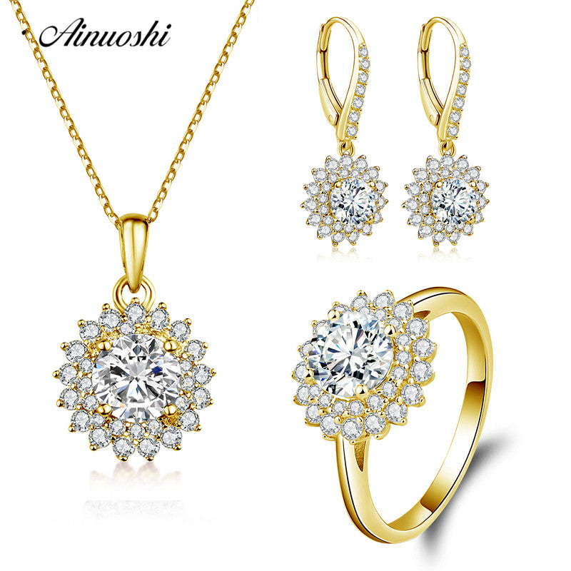 10K Solid Yellow Gold Jewelry Set Round Cut Pendant Double Halo Ring Drop Earring Luxurious Wedding Women Jewelry Set