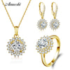10K Solid Yellow Gold Jewelry Set Round Cut Pendant Double Halo Ring Drop Earring Luxurious Wedding Women Jewelry Set
