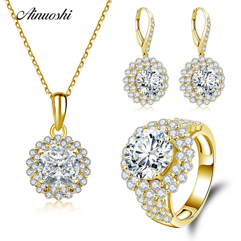 10K Solid Yellow Gold Jewelry Set Round Cut Pendant Halo Ring Drop Earring Engagement Wedding Lovers Jewelry Set Gift