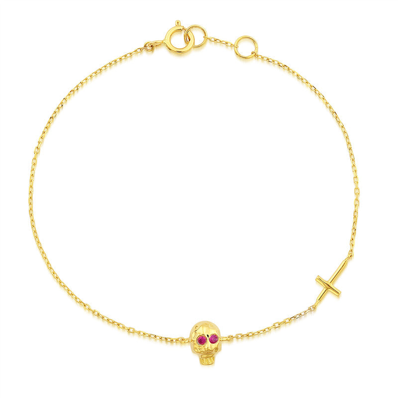 18K Real Pure Gold Skull Skeleton Bracelet Natural Ruby Eyes Jesus Christian Cross Rock Bracelet Link Chain Bracelet