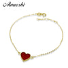 18K Yellow Gold Cross Chain Women Bracelet Red Agate Heart Shaped Lady Engagement Anniversary Bracelets Jewelry Gifts