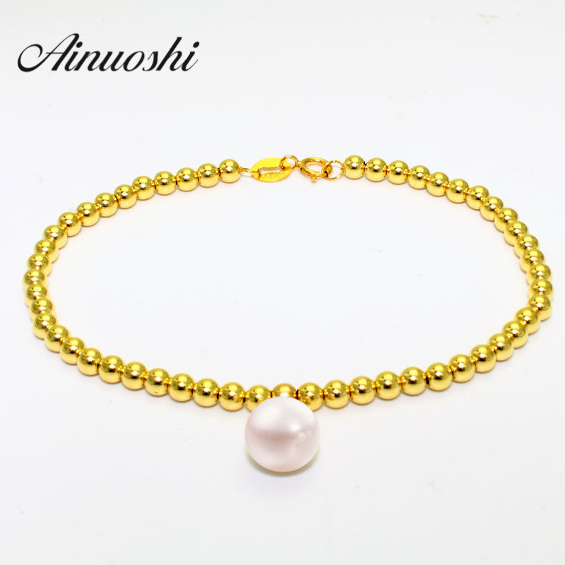 18K Yellow Gold Natural Cultured Pearl Chain Bracelet Bead Bracelet Jewelry Bridal Wedding Engagement 16.5cm