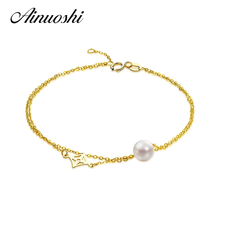 18K Yellow Gold Natural Cultured Pearl Chain Bracelet Women Brace lace Pe Length 16.5cm Pearl Size 6-6.5mm
