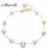 18K Yellow Gold Natural Cultured Pearl Charm Bracelet Bangles Wedding Jewelry Women Gold Chain Link Bracelet