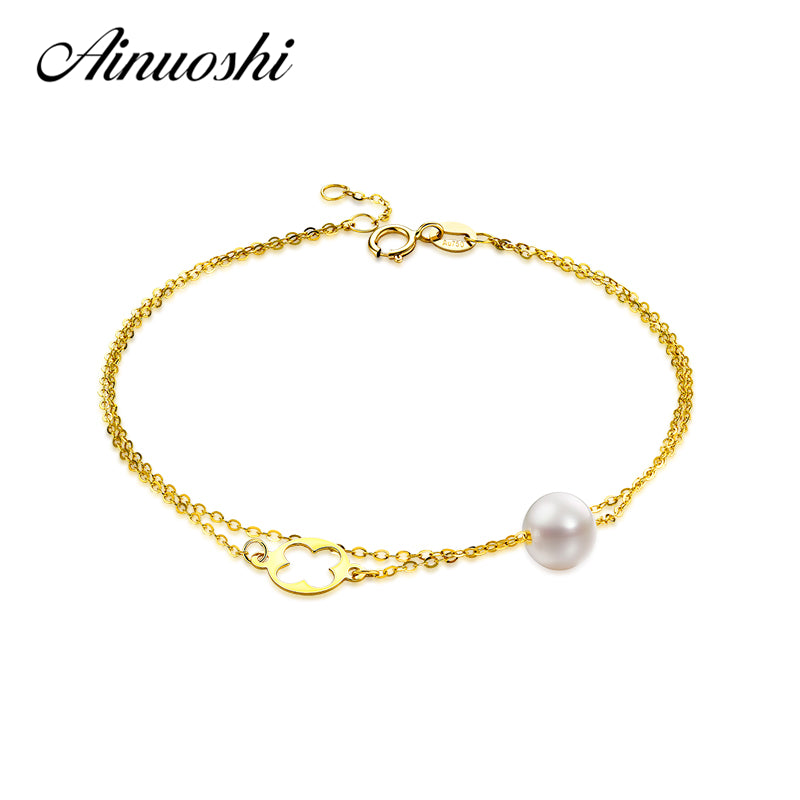 18K Yellow Gold Natural Cultured Pearl Double Layer Bracelet Four Leaf Clover Brace lace for Young Lady Gift