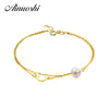 18K Yellow Gold Natural Cultured Pearl Double Layer Bracelet Four Leaf Clover Brace lace for Young Lady Gift