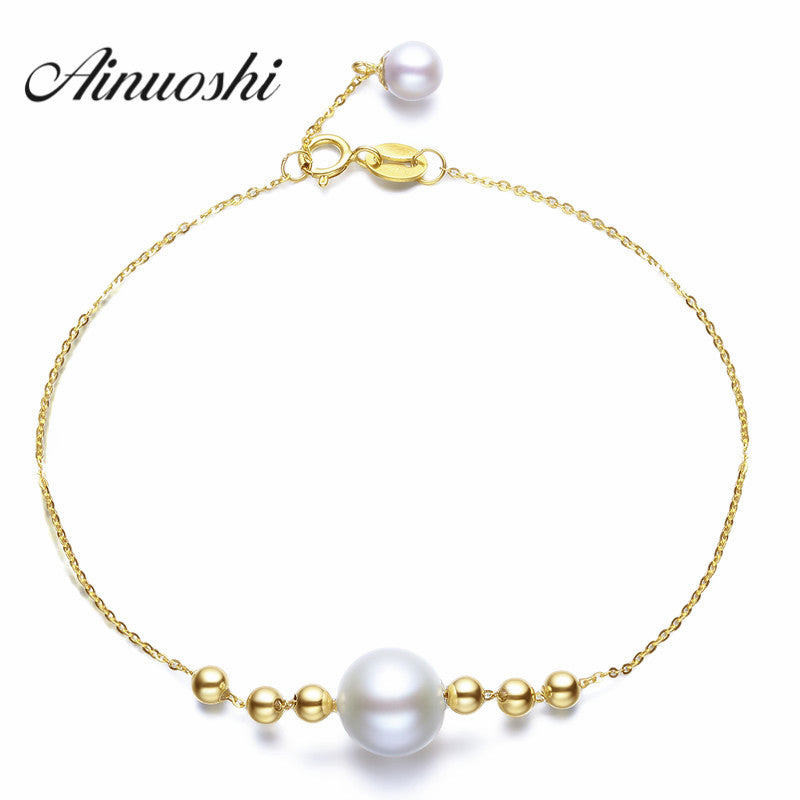 18K Yellow Gold Natural Cultured Pearl Perfect Round Bracelet for Women Beads Brace lace Wedding Jewelry