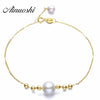 18K Yellow Gold Natural Cultured Pearl Perfect Round Bracelet for Women Beads Brace lace Wedding Jewelry
