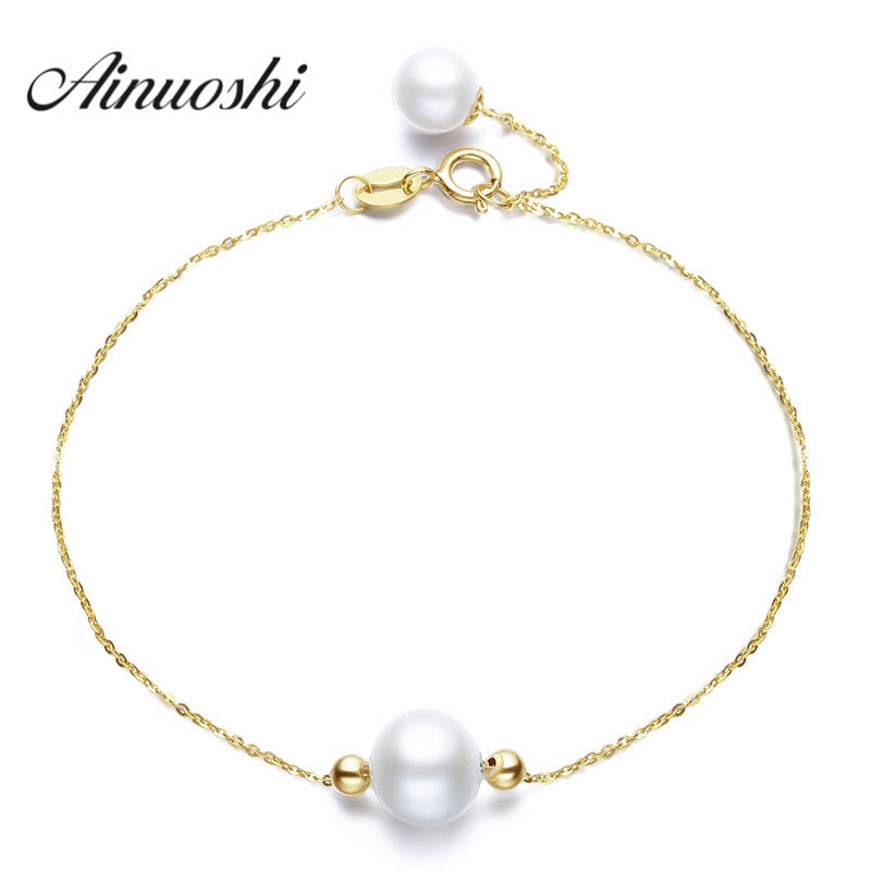 18K Yellow Gold Natural Cultured Pearl Trendy Chain Bracelets Round White Pearl for Young Lady Birthd Gift