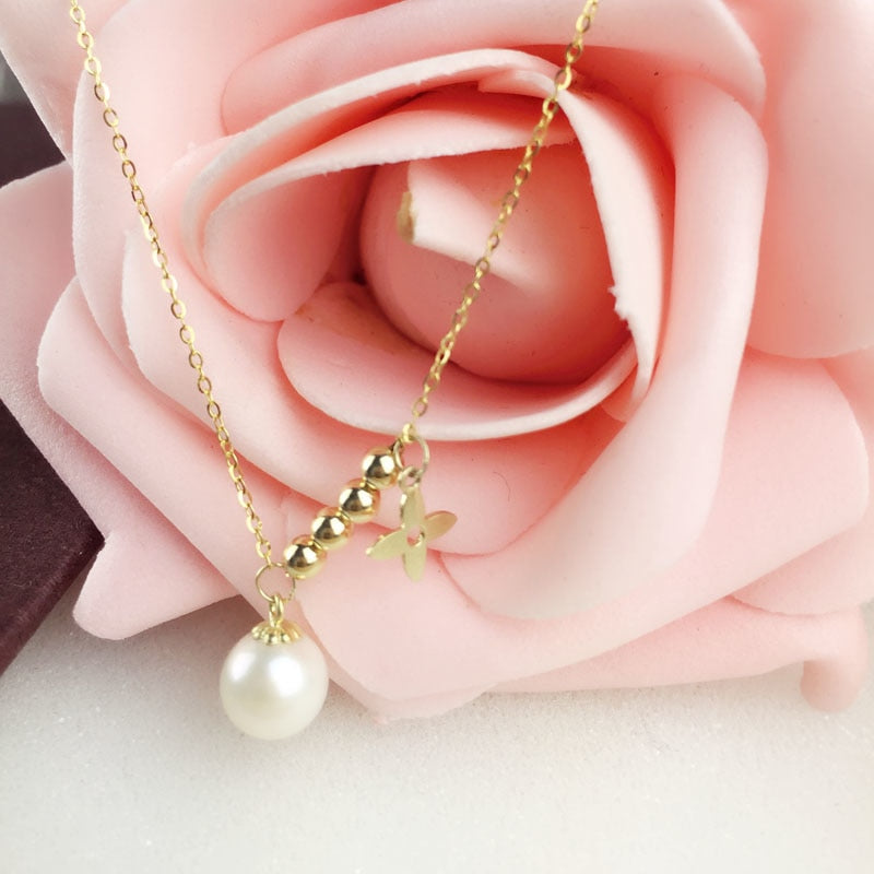 18K Yellow Gold Pearl Bracelet Natural Pearl Beads Bracelet Four Leaf Lady Gift Engagement Anniversary Love