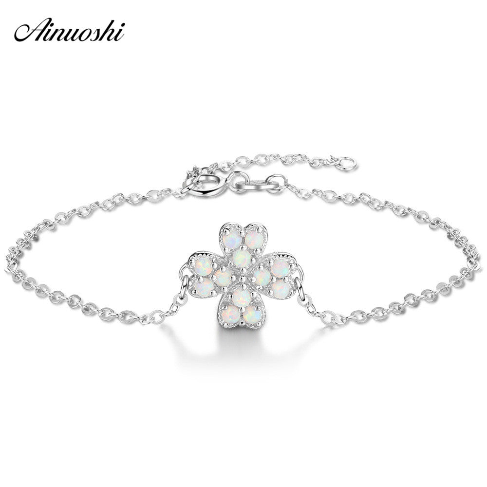 Genuine 925 Silver Flower Bracelet White Fire Color Opal Chain Link Bracelet Jewelries Anniversary Birthd Party Gifts