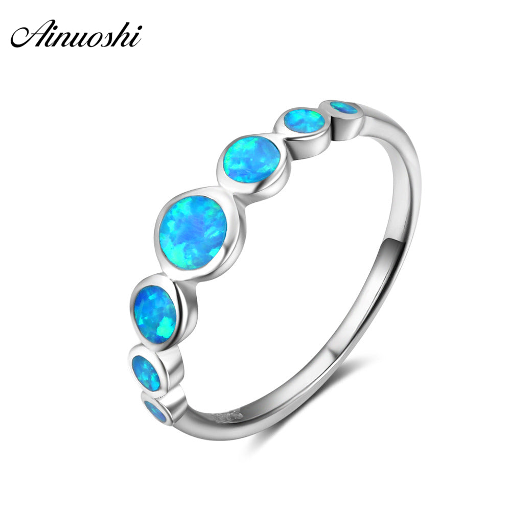 Genuine 925 Silver Ring Round Blue Opal Ring Romantic Engagement Wedding Bridal Bands Trendy Silver Jewelry Gifts
