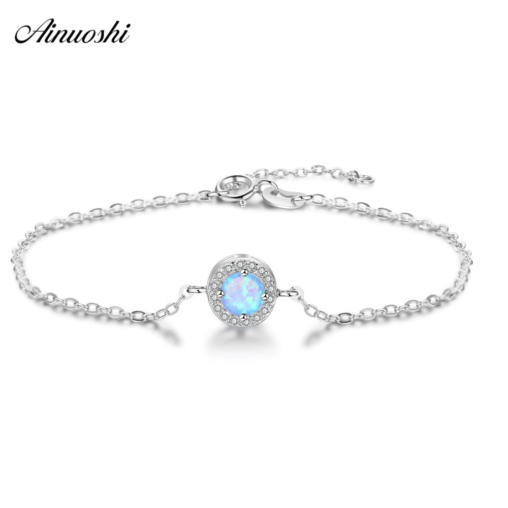 Genuine 925 Silver Round Bracelet Blue Fire Color Opal Chain Link Bracelet Jewelries Anniversary Birthd Party Gifts