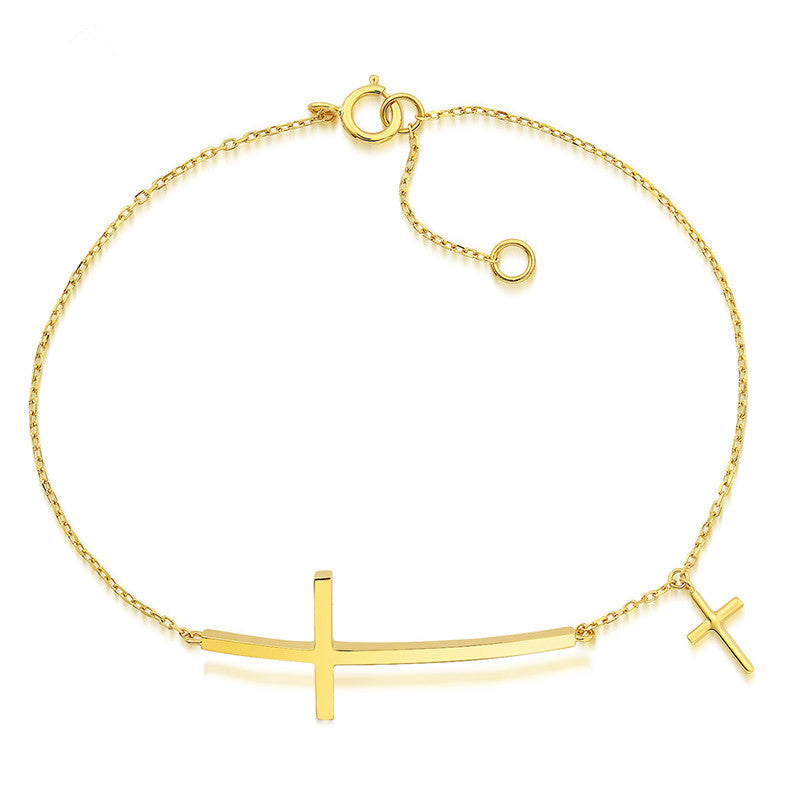 Jesus Christian Womens Mens Horizontal Sideways Cross Bracelets 18K Real Pure Gold Religious Trendy Link Chain Bracelet