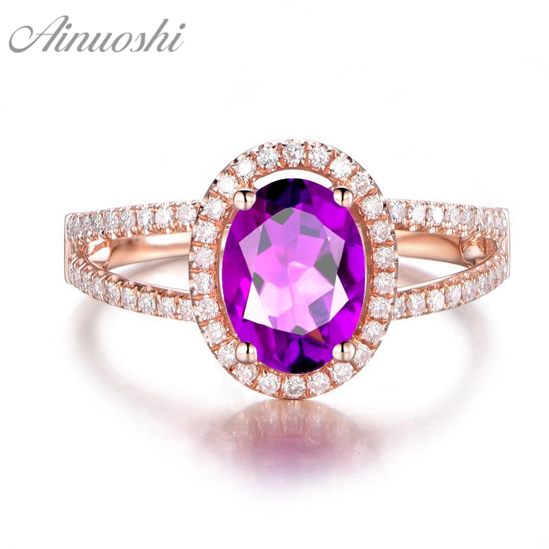 Natural Amethyst Halo Ring 1.25ct Oval Cut Engagement Jewelry Women Ring Rose Gold Color Pure 925 Sterling Silver Ring