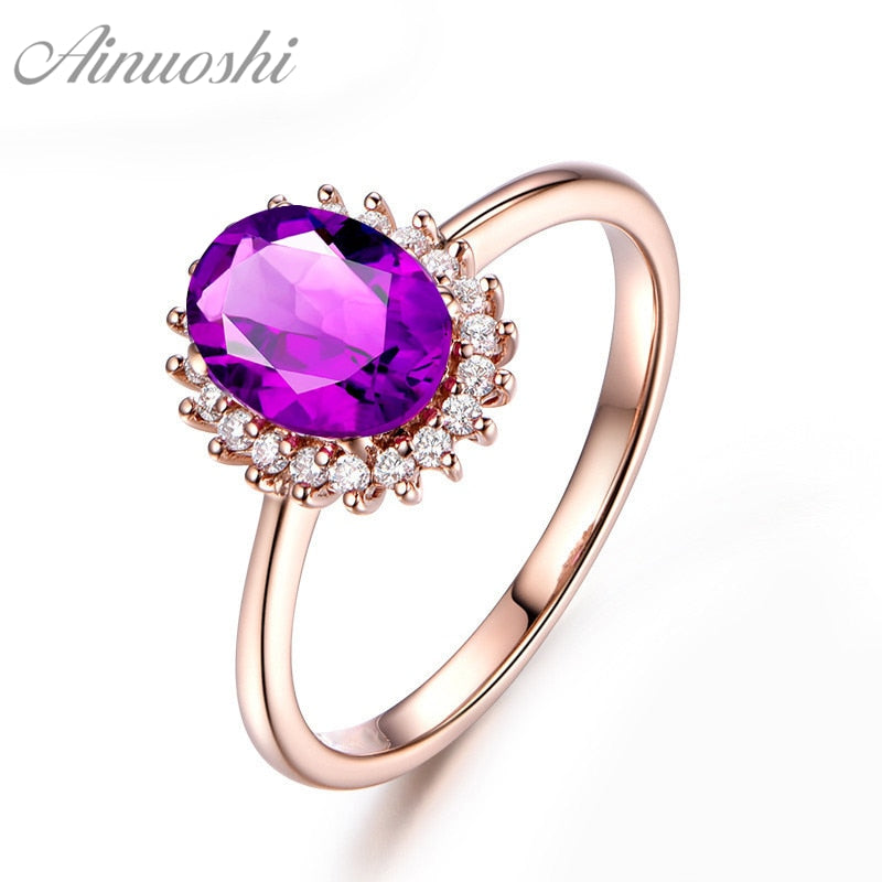 Natural Amethyst Sunflower Ring 1.25ct Oval Cut Engagement Jewelry Women Ring Rose Gold Color 925 Sterling Silver Ring