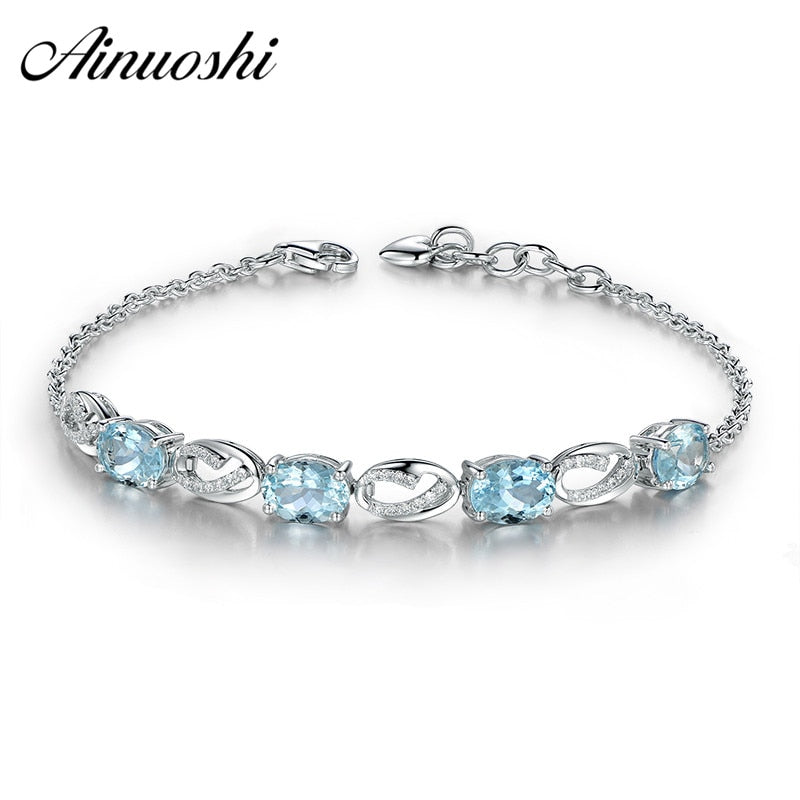 Oval Sky Blue Topaz Bracelet 925 Sterling Silver Natural Genstone Chain Link Bracelet For Women Romantic Fashion Gift