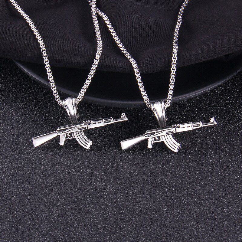 AK 47 Gun Pendant Necklace Personality Hip Hop Rock Silver Street Men's and Women's Sweater Chain Jewelry Couple Gift