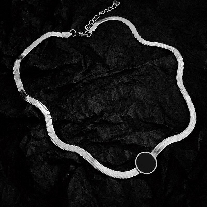 ALLNEWME Stylish Black Color Round Coin Pendant Necklace for Women Chunky Wide Snake Chain Chokers Necklaces Accessories