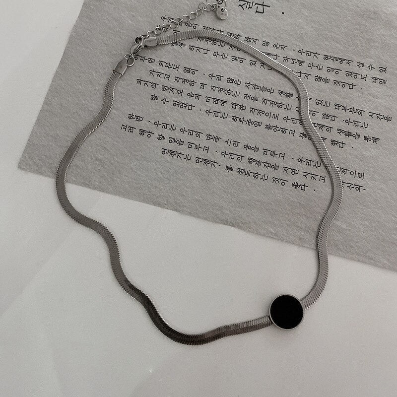 ALLNEWME Stylish Black Color Round Coin Pendant Necklace for Women Chunky Wide Snake Chain Chokers Necklaces Accessories