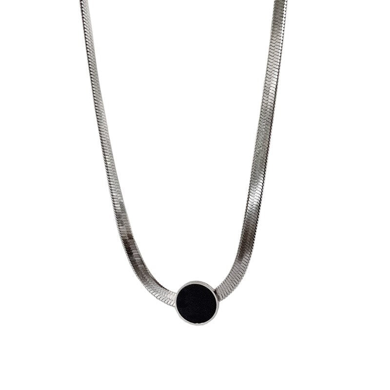 ALLNEWME Stylish Black Color Round Coin Pendant Necklace for Women Chunky Wide Snake Chain Chokers Necklaces Accessories