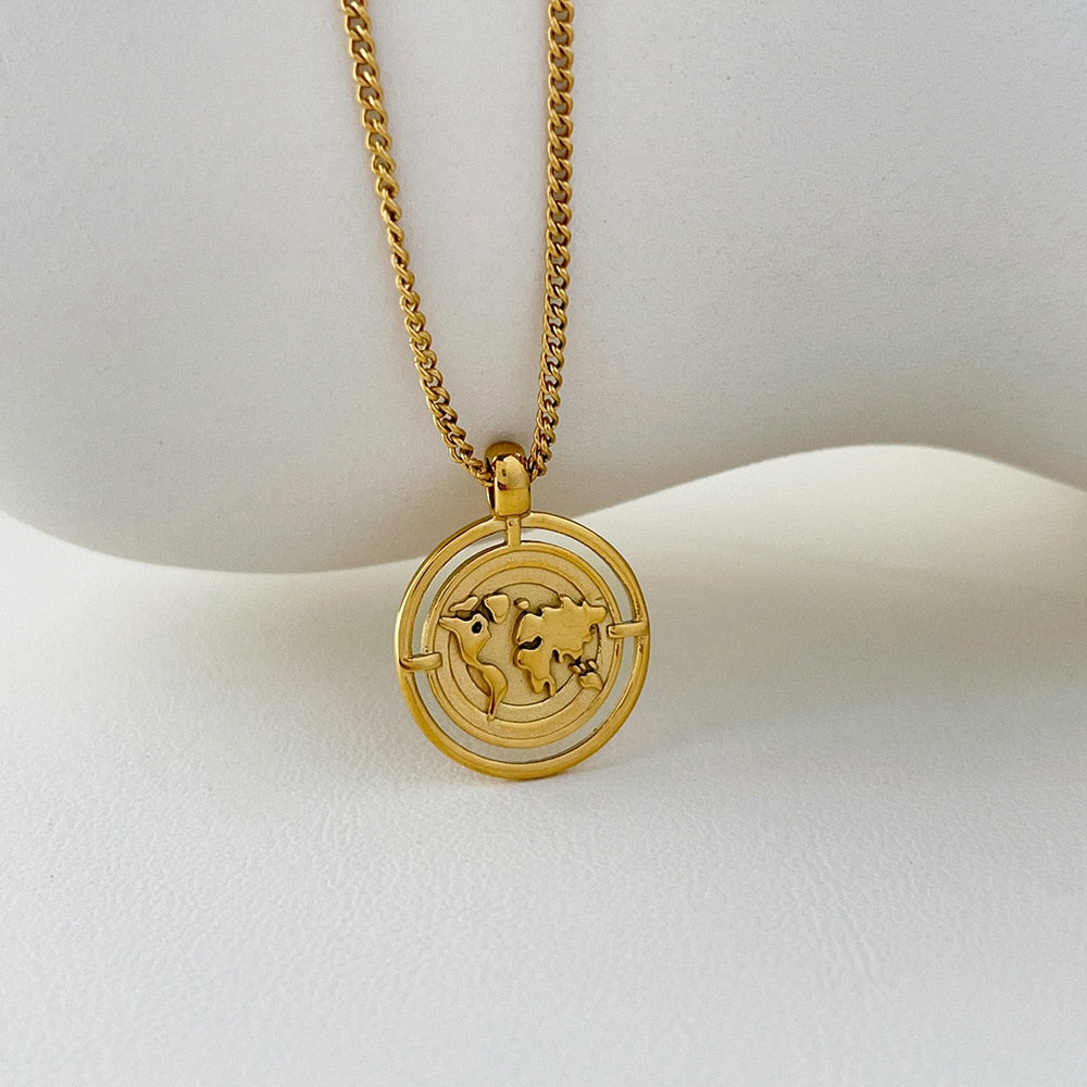 ALLNEWME Unique Design World Map Pendant Necklace Exquisite Golden Irregular Coin Necklaces for Women Stainless Steel Jewelry