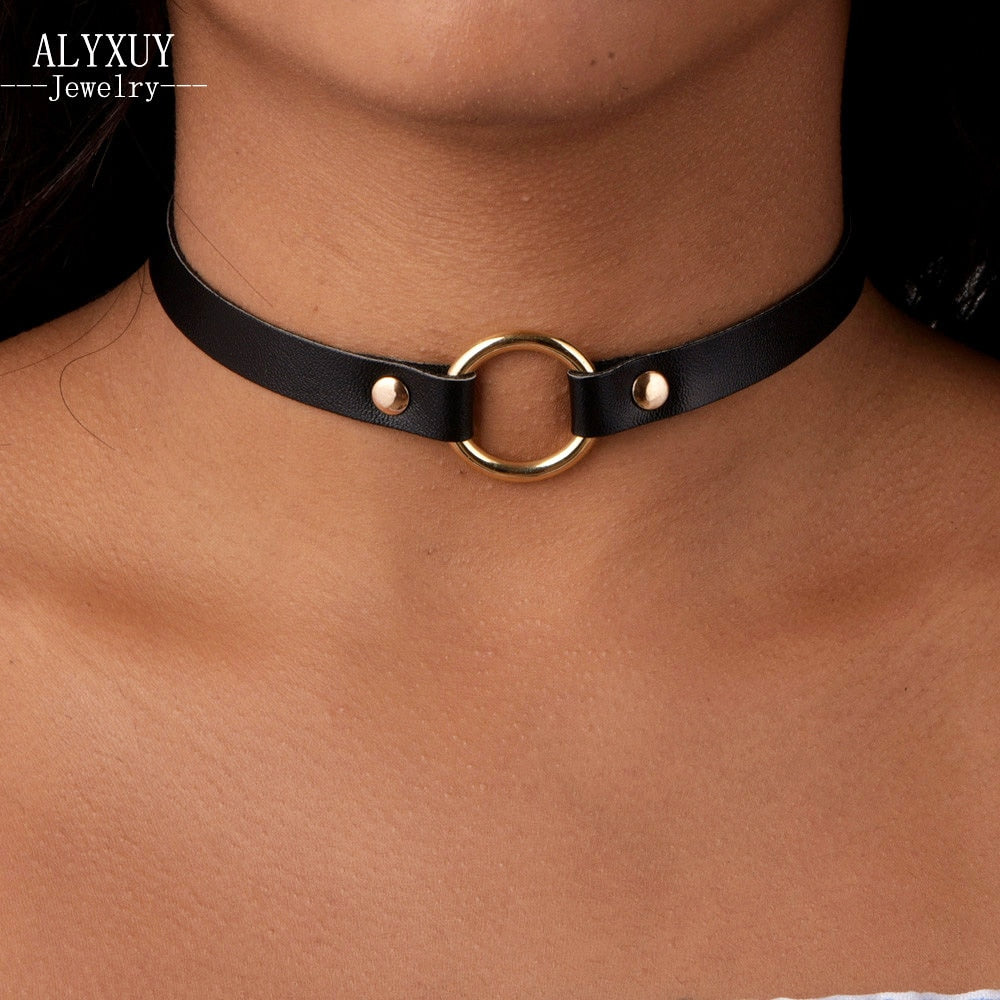 ALYXUY 2PCS/Set Jewelry Black Gold Silver Leather Round Choker Simple Temperament Necklace For Women Girls Gift