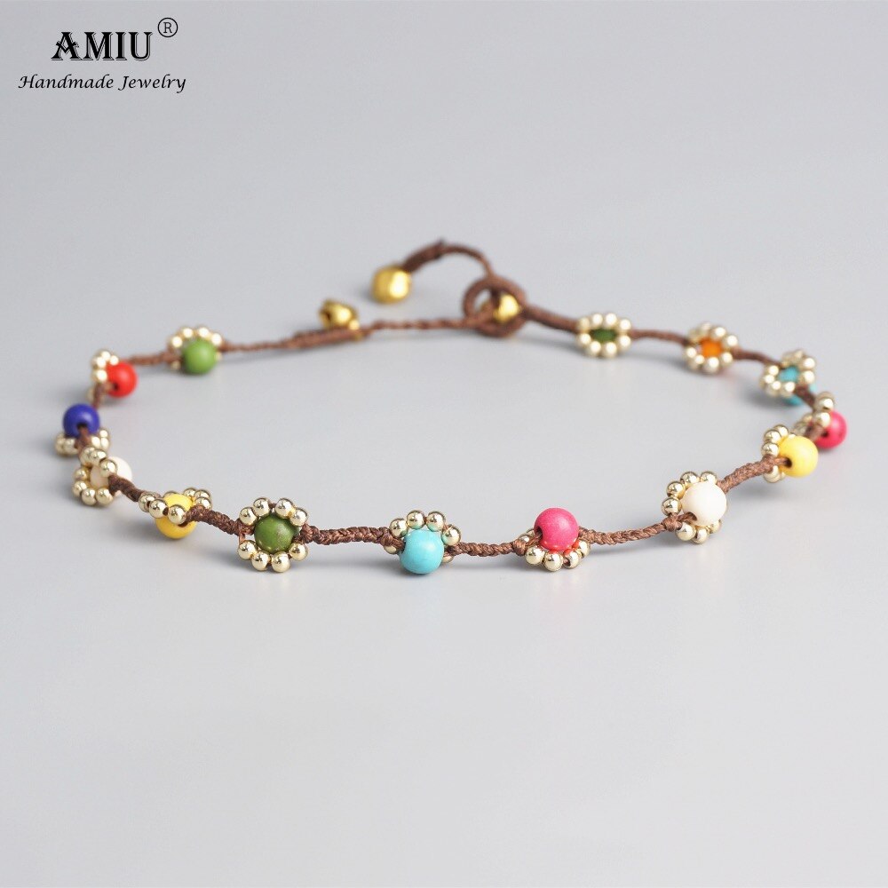 AMIU Handmade Wax Thread Woven Boho Choker Necklace Vintage Bead Flower Choker Bohemian Necklace
