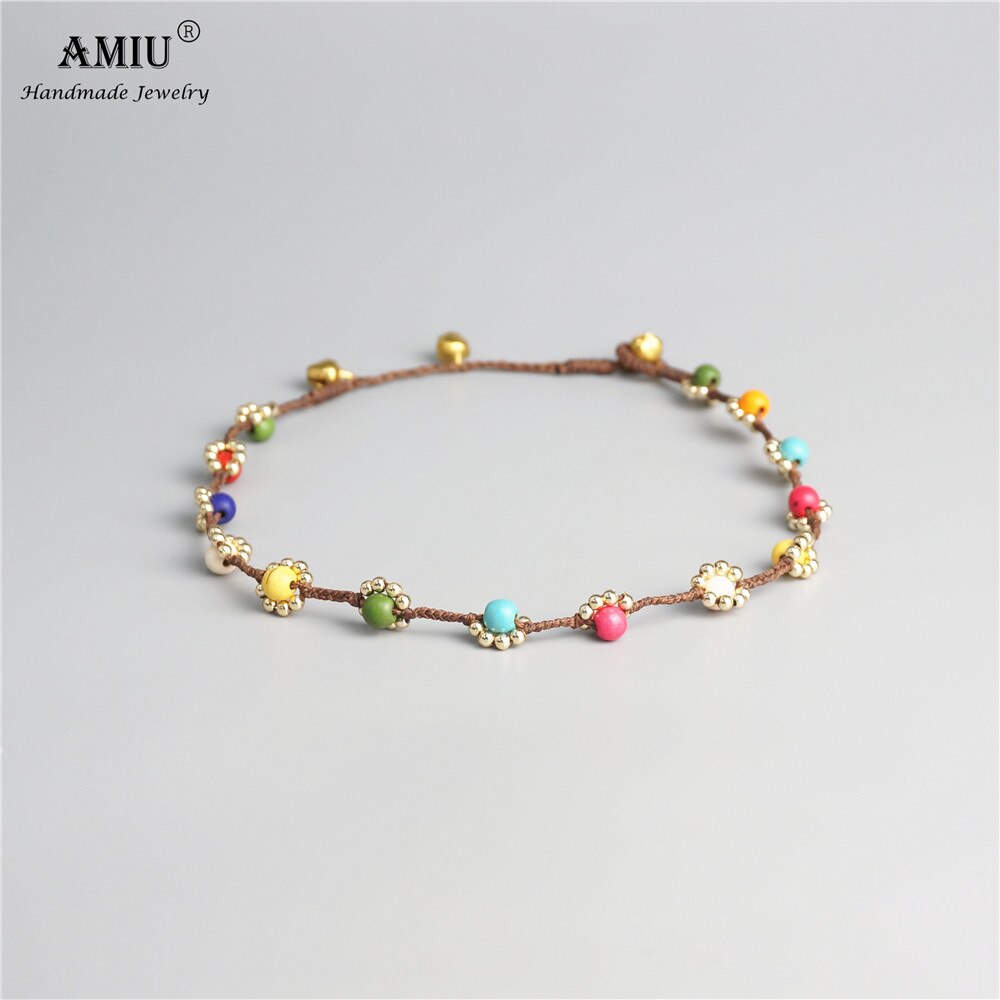 AMIU Handmade Wax Thread Woven Boho Choker Necklace Vintage Bead Flower Choker Bohemian Necklace