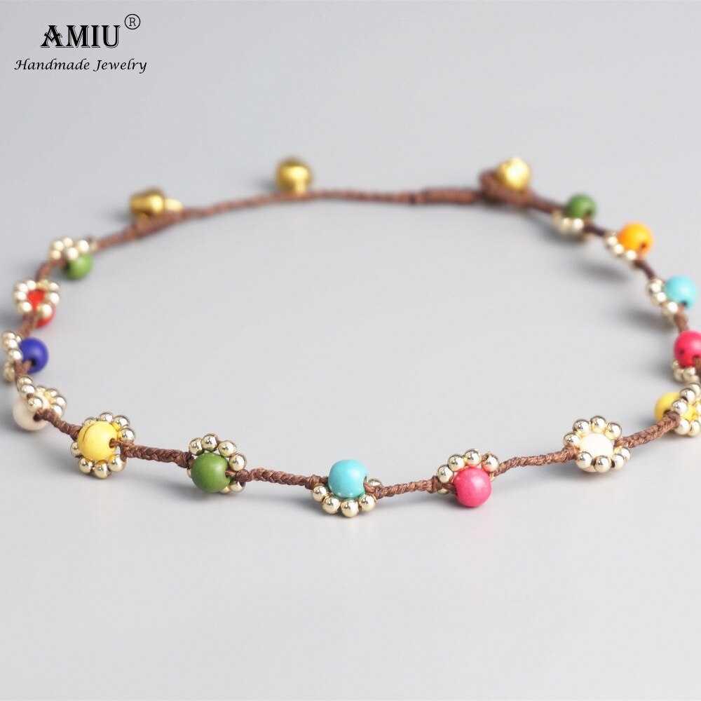 AMIU Handmade Wax Thread Woven Boho Choker Necklace Vintage Bead Flower Choker Bohemian Necklace
