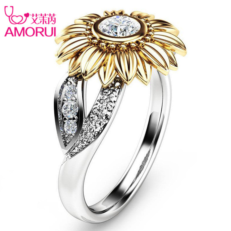 CZ Stone Ring Jewelry Bague Femme Silver Color Cute Gold Sunflower Crystal Wedding Rings for Women Drop Shipping Gift
