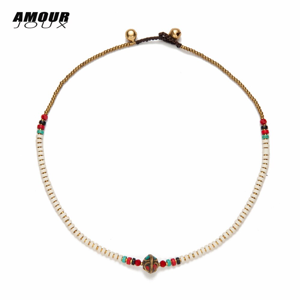 AMOURJOUX 45cm Vintage White Beaded Tibetan Round Charm Choker Statement Necklaces For Women Female Bohemian Jewelry
