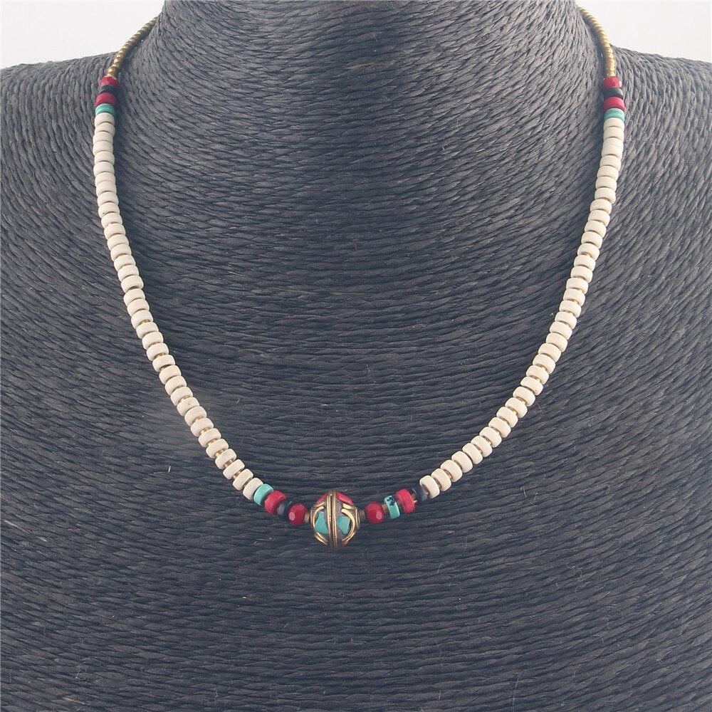 AMOURJOUX 45cm Vintage White Beaded Tibetan Round Charm Choker Statement Necklaces For Women Female Bohemian Jewelry