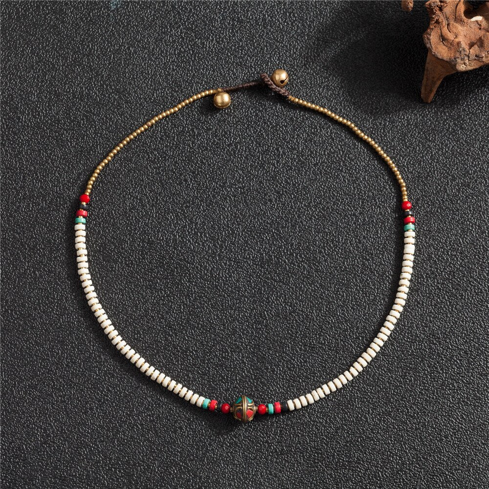 AMOURJOUX 45cm Vintage White Beaded Tibetan Round Charm Choker Statement Necklaces For Women Female Bohemian Jewelry
