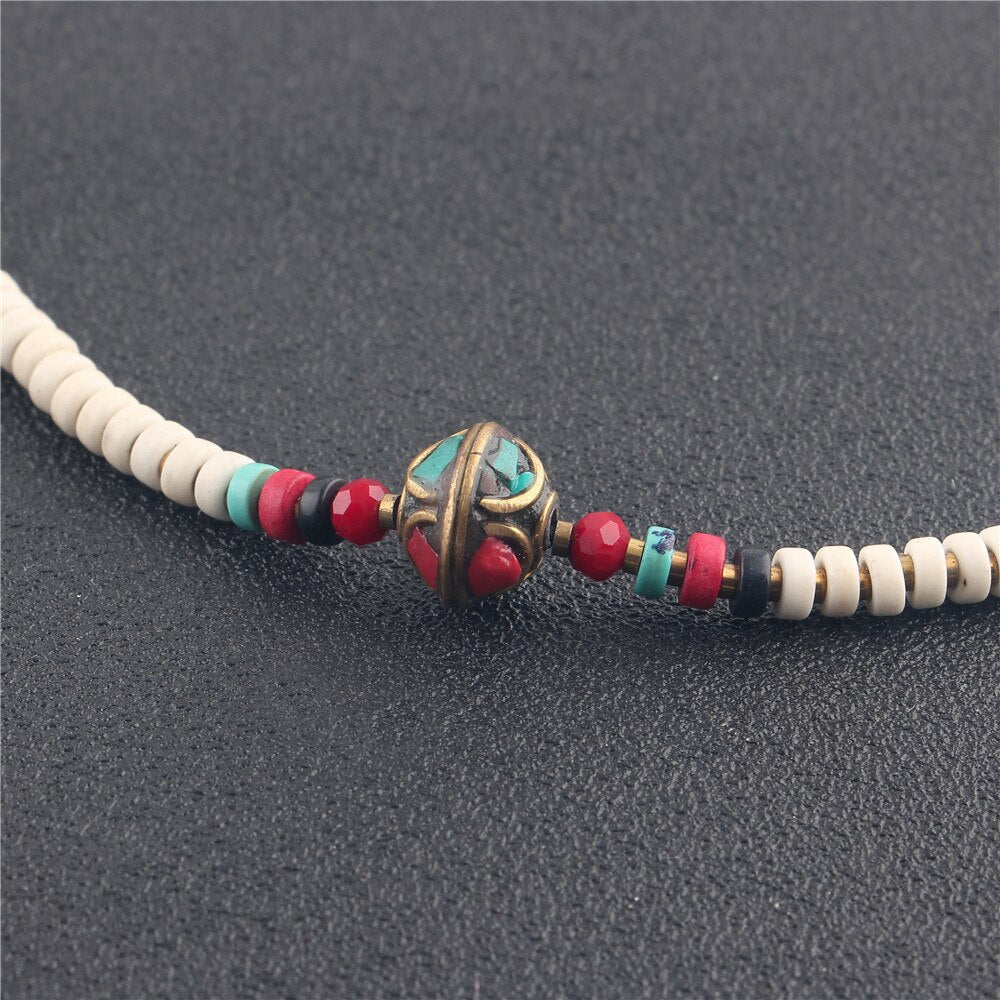 AMOURJOUX 45cm Vintage White Beaded Tibetan Round Charm Choker Statement Necklaces For Women Female Bohemian Jewelry