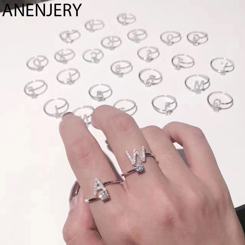 ANENJERY 925 Sterling Silver Dainty Micro Zircon A-Z Initial Letters Rings For Women Name Rings Adjustable S-R400
