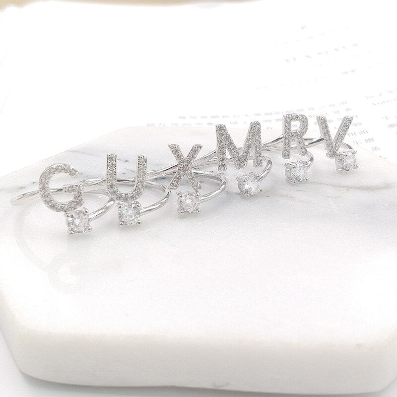 ANENJERY 925 Sterling Silver Dainty Micro Zircon A-Z Initial Letters Rings For Women Name Rings Adjustable S-R400