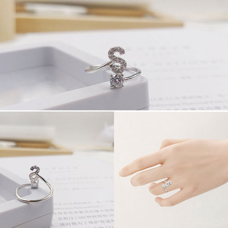 ANENJERY 925 Sterling Silver Dainty Micro Zircon A-Z Initial Letters Rings For Women Name Rings Adjustable S-R400