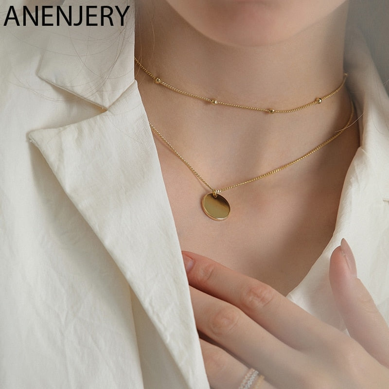 ANENJERY 925 Sterling Silver Double Layer Round Disc Necklace Gold Bead Chain Charm Necklace For Women S-N574