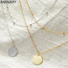 ANENJERY 925 Sterling Silver Double Layer Round Disc Necklace Gold Bead Chain Charm Necklace For Women S-N574