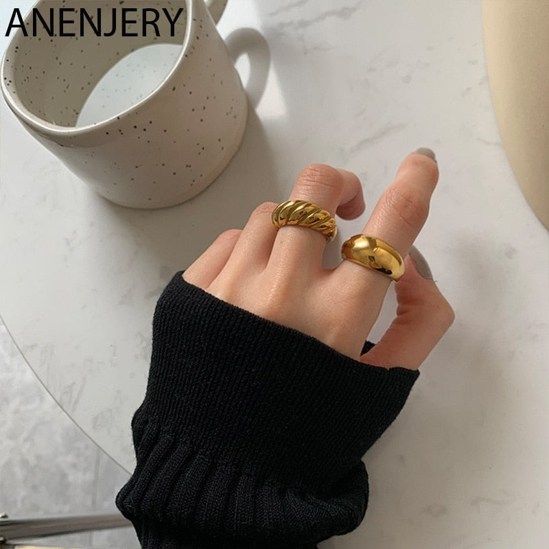 ANENJERY 925 Sterling Silver French Thick Golden Smooth Croissant Thread Ring for Women Light  Open Ring