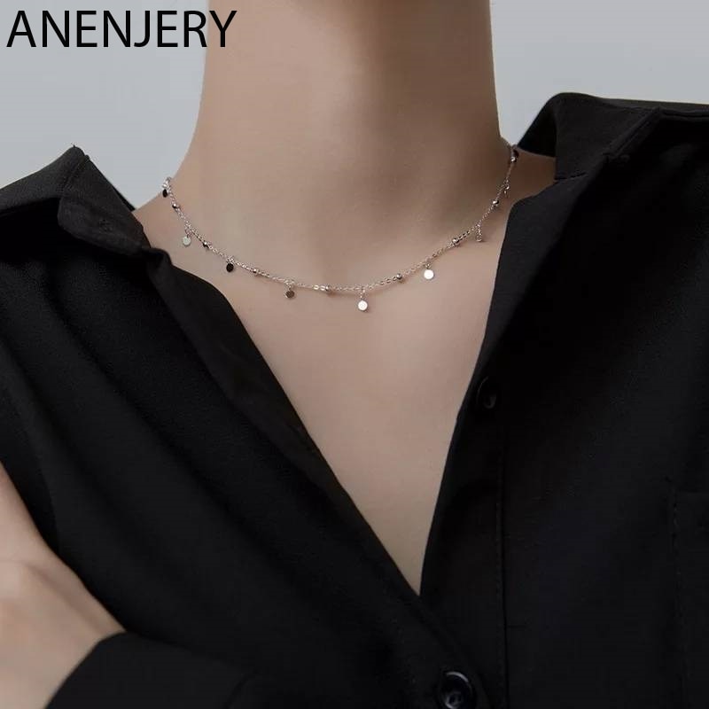 ANENJERY 925 Sterling Silver Round Bead Discs Clavicle Chain Choker Necklace for Women Party Necklace  S-N695