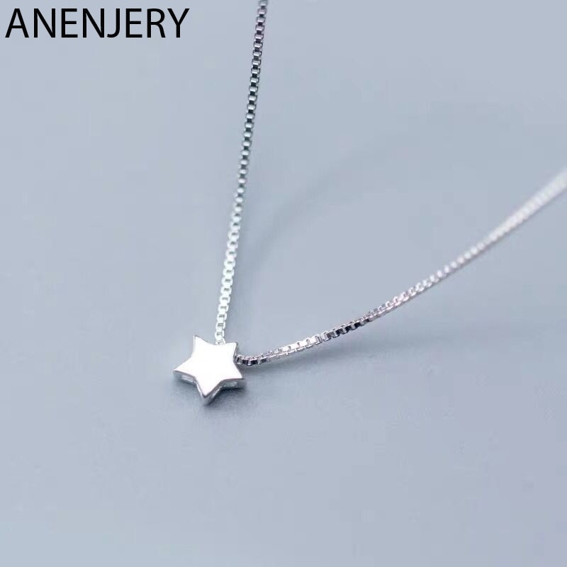 ANENJERY 925 Sterling Silver Temperament Pentagram Charm Pendant Necklace Clavicle Chain Star Necklace For Women Jewelry S-N592