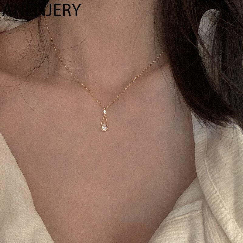 ANENJERY 925 Sterling Silver Water Drop Zircon Necklaces for Women Retro Exquisite Chain Light  French Jewelry
